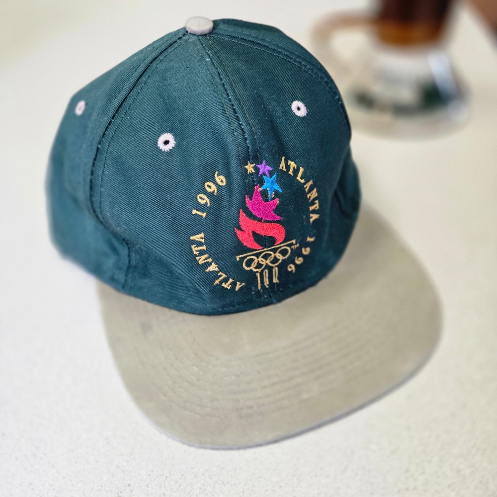 VTG Logo 7 Atlanta 1996 Olympics Hat Green Tan Cap OSFA Snapback Torch Logo USA